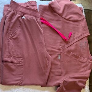 Figs Rose Blush Scrub Top and Pants with Hot Pink Drawstring